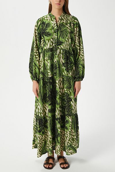 Ritnice Modest Alessi 100% Viscose Maxi Length Green Ecru Black Layered Balloon Sleeve Long Summer Dress