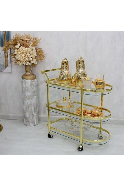 private house Taiwanese gold steel glass tea cart
