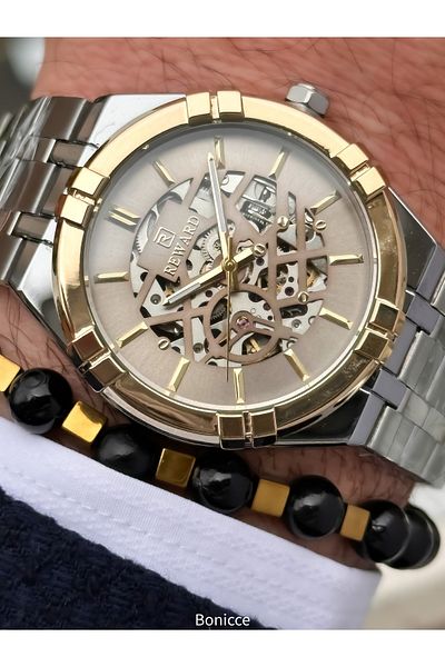 Reward Silver Yellow Steel Cord, Auto (Without Battery), 5 Atm, Vip Men Wrist Watch Bracelet with Gift