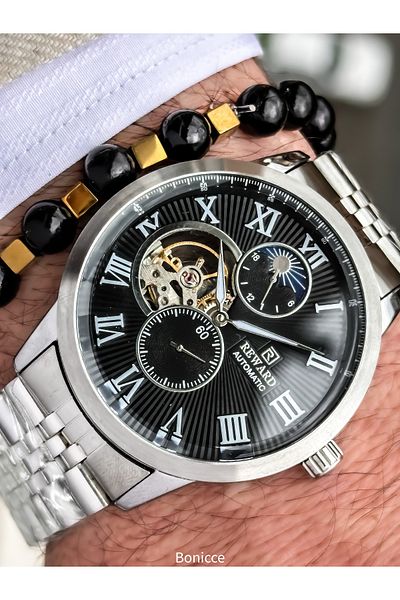 Reward Silver Black Steel Cord,Steel Case, Auto (Without Battery), Atm, Vip Men's Wristwatch with Bracelet Gift