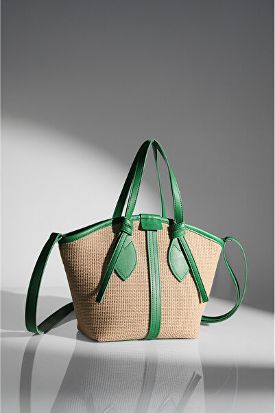 Rimense Women's Green Straw Lined Zippered Hand and Shoulder Bag