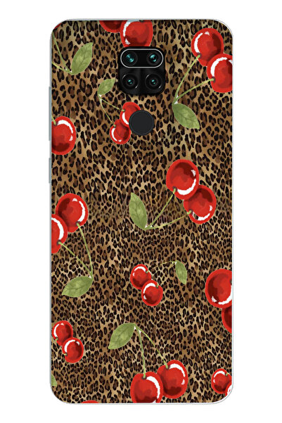 moonset Xiaomi Redmi Note 9 Uyumlu Leopar ve Kiraz Tasarımlı Baskılı Şeffaf T...
