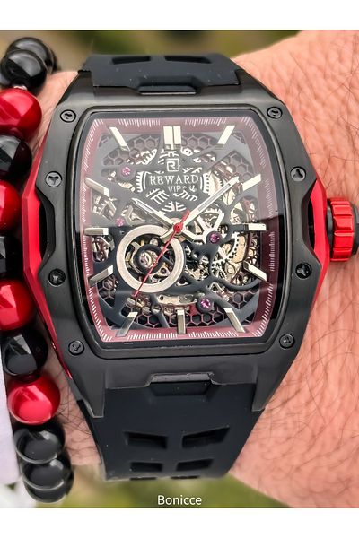 Reward Red Black Silicone Band,Steel Case,Automatic (No Battery), 5 Atm,Vip Men's Wristwatch Bracelet