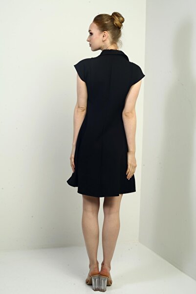 By Saygı Women's Half Zipper and Lace Detailed Self-Taped Short Flared Dress