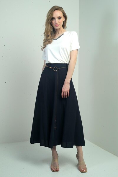 By Saygı Women's Linen Effect Piece Loose Long Skirt with Waist Accessories