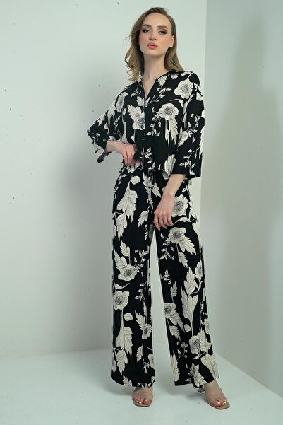 By Saygı Women's Floral Print Long Sleeve Shirt Elastic Waist Lace up Two Piece Set