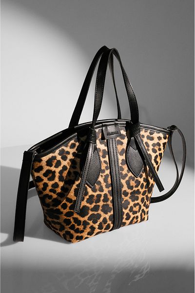 Rimense Women's Tan Leopard Patterned Faux Leather Lined Zippered Hand and Shoulder Bag