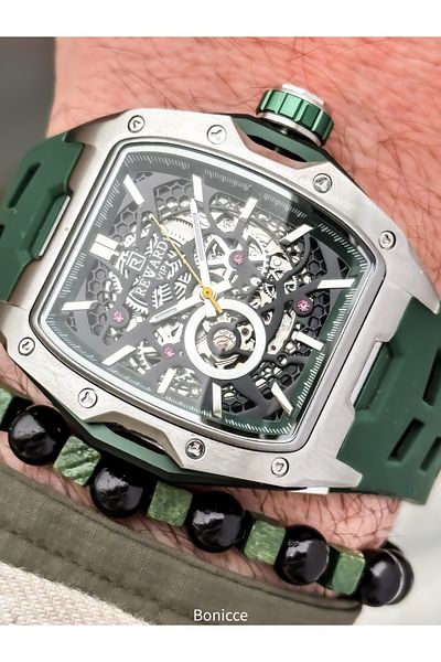 Reward Gray Green Silicone Cord,Steel Case,Automatic (Without Battery), 5 Atm,Vip Men Wristwatch Bracelet with Gift
