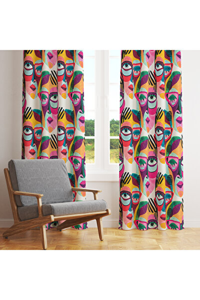 LadiesHome Renkli Yüz Figürlü Fon Perde – Modern & Sanatsal Dokunuş 140x260 C...