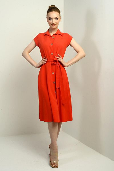 By Saygı Women's Buttoned Waist Belted Shirt Collar Short Sleeve Dress