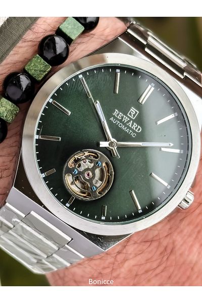 Reward Silver Green Steel Cord,Steel Case,Automatic (Without Battery),5 Atm,Vip Men's Wristwatch with Bracelet Gift