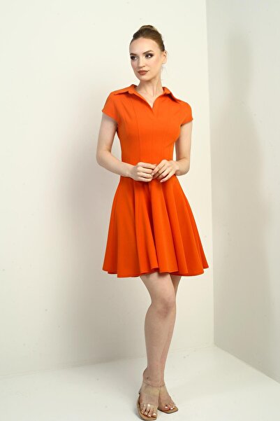 By Saygı Women's Polo Neck Moon Sleeve Lycra Flared Short Dress