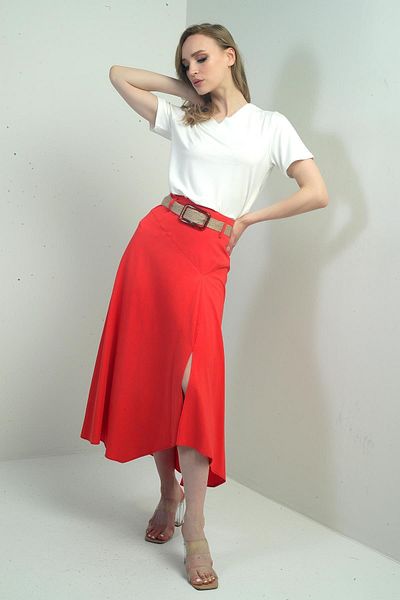 By Saygı Women's Long Loose Skirt with Belt at Waist, Zipper at Back and Slit at Front