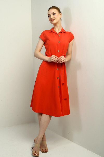 By Saygı Women's Buttoned Waist Belted Shirt Collar Short Sleeve Dress