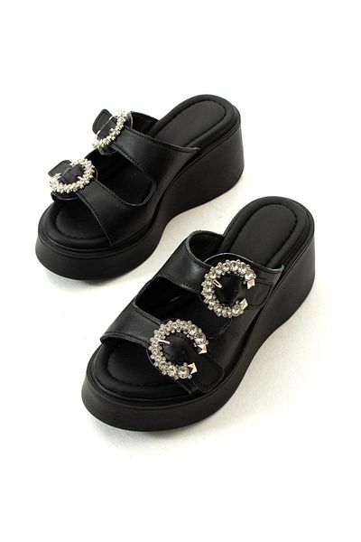 SEEM & BE Casie Genuine Leather Platform Wedge Heel Women's Black Slippers