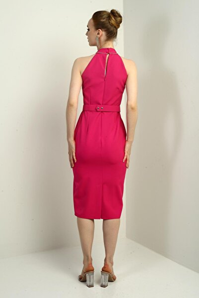 By Saygı Women's Stone Cross Collar Waist Belted Midi Crepe Dress