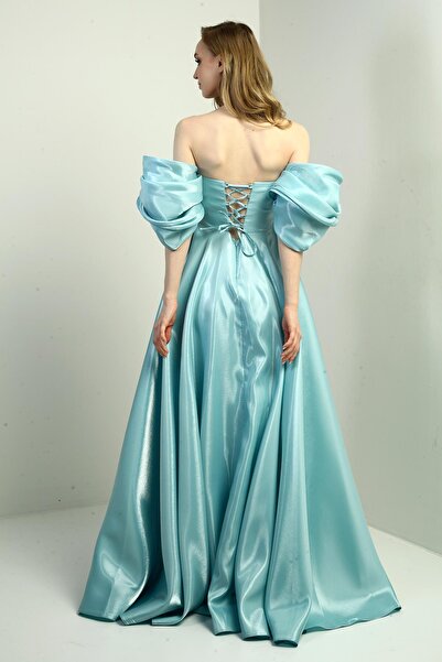 By Saygı Women's Low Balloon Sleeve Lined Satin Flared Long Dress with Pockets