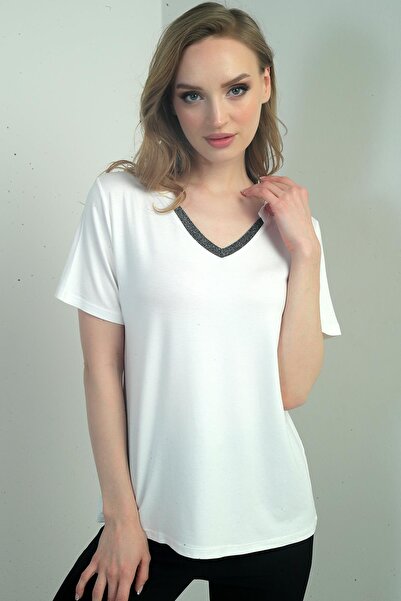 By Saygı Women's Glittery V-Neck Short Sleeve Blouse