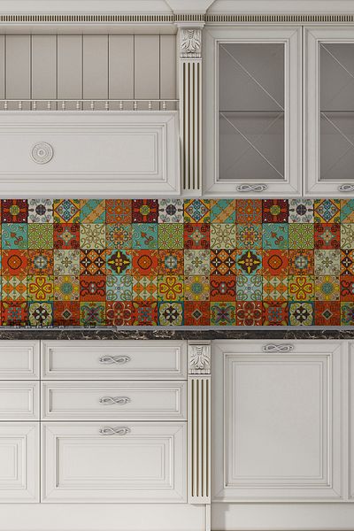 Pluswall Kitchen Countertop Foil, Tile Covering Foil, Portuguese Style Tile Pattern |   60X120Cm