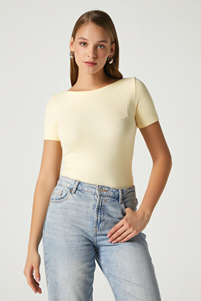 Ritnice Women's Velvet Boat Neck Lux Touch Soft Texture Short Sleeve Butter Yellow Blouse