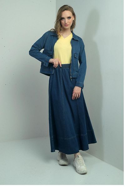 By Saygı Women's Elastic Waist Long Flared Skirt Front Zipper Bag Pocket Jacket 2-Piece Denim Set