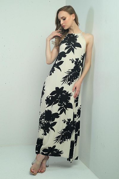By Saygı Rochie lungă de damă, cu guler Halter, cu model de flori, cu buzunare