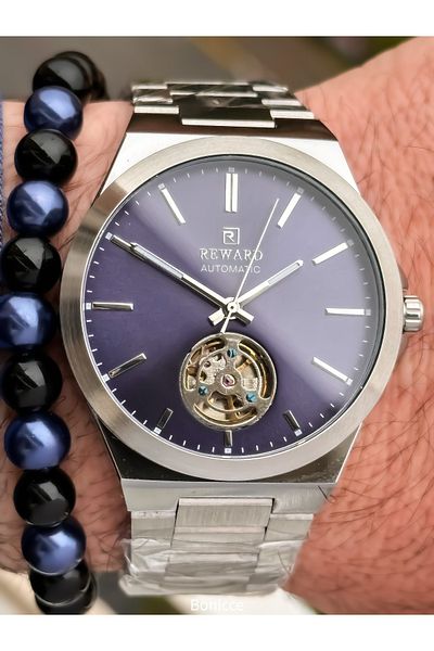 Reward Silver Navy Steel Cord,Steel Case,Automatic (Without Battery),5 Atm,Vip Men Wristwatch with Bracelet Gift