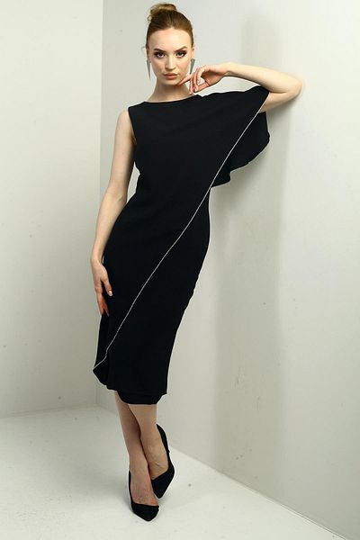 By Saygı Women's Single Flounce Sleeve Stone Detailed Lined Midi Crepe Dress