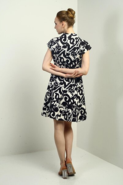 By Saygı Women's Half Zipper and Lace Detailed Self-Taped Ethnic Pattern Short Flared Dress