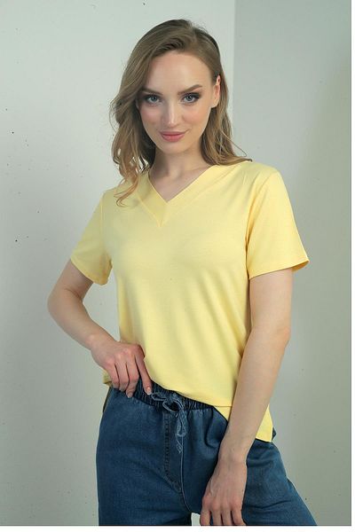 By Saygı Women's V-Neck Slit Short Sleeve Blouse