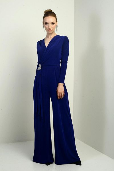 By Saygı Women's Double Breasted Collar Waist Stone Detailed Long Sleeve Wide Leg Lycra Jumpsuit