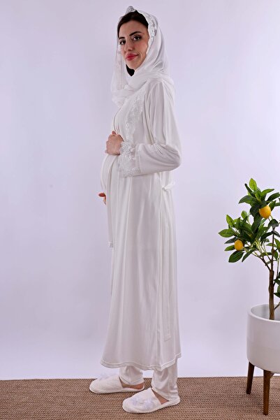 ByLohusa Effortt Ecru Long Robe Maternity Pajama Set with Hijab