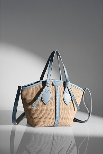 Rimense Women's Blue Straw Lined Zippered Hand and Shoulder Bag