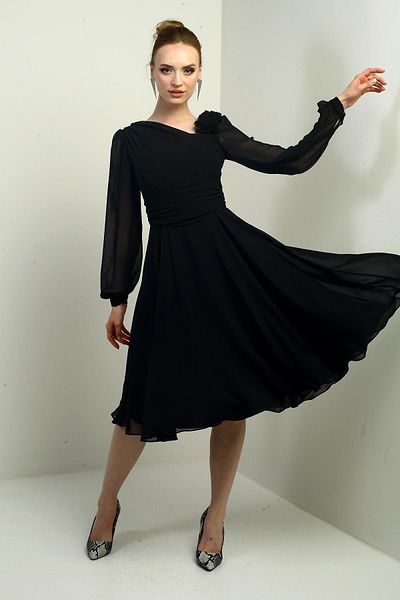 By Saygı Women's Floral Detailed Lined Long Sleeve Chiffon Midi Dress