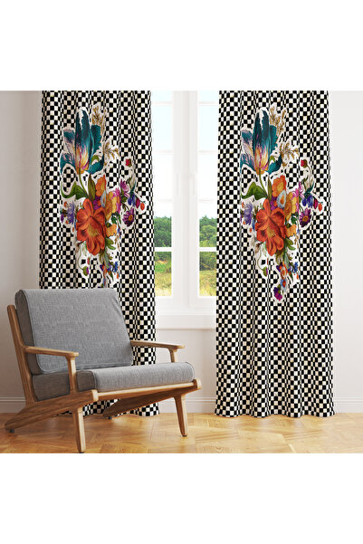 LadiesHome Siyah-Beyaz Kareli ve Renkli Çiçek Motifli Perde – Estetik & Ferah...