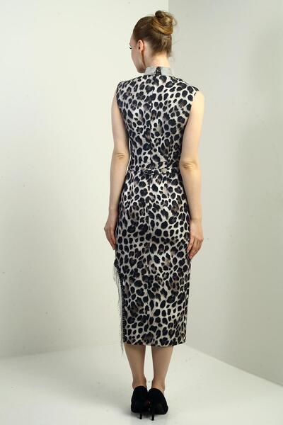 By Saygı Women's Stoned Judge Collar Belted Waist Side Chain Detail Slit Leopard Pattern Crepe Satin Midi Dress