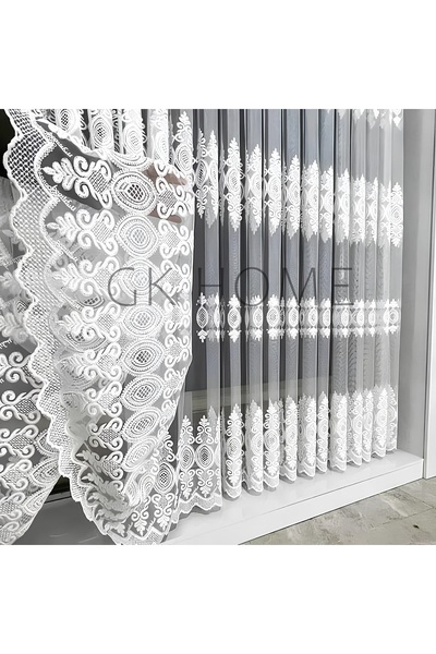 SAYDEMİR HOME Lüks Brode Desenli Tül Perde – Sık Pileli 1/3 Dikim, Salon Için...
