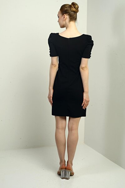 By Saygı Women's Boat Neck Sleeves Buttons Pleated Back Zipper Dress