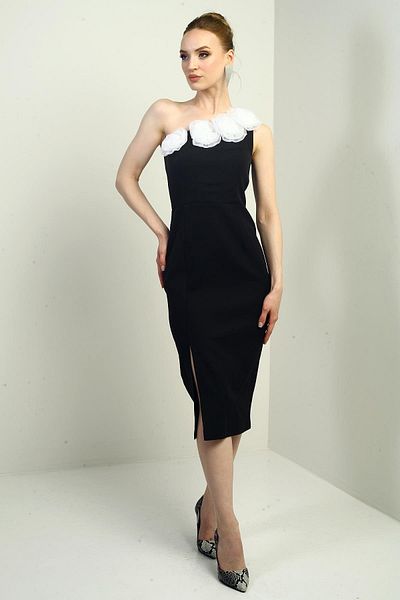 By Saygı Women's One Shoulder Floral Detailed Collar Front Slit Crepe Midi Dress