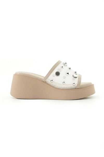 SEEM & BE Darcy Accessory Tulle Platform Wedge Heel Women's Beige Slippers