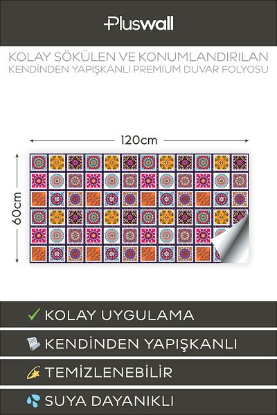 Pluswall Kitchen Countertop Foil, Tile Covering Foil, Floral Tile Pattern |   60X120Cm