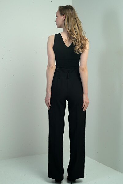 By Saygı Women's Wide Leg Pants with Sequin Stripes on the Sides and Belted Waist