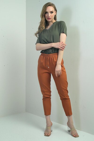 By Saygı Women's Elastic Waist Carrot Leg Trousers with Side Pockets