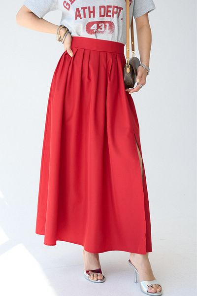LOOSH Women's Red High Waist Slit Long Skirt