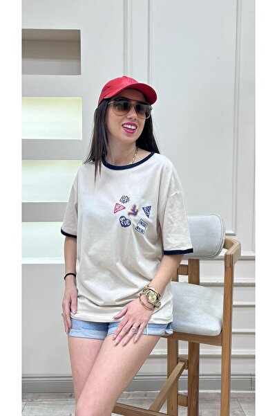 Sweetline Tricou Uncool Beige Body Navy Blue Piping - Tricou oversize cu mâne...