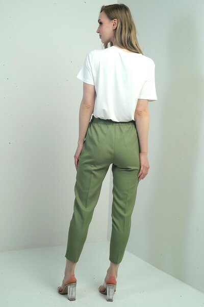 By Saygı Women's Elastic Waist Carrot Leg Trousers with Side Pockets