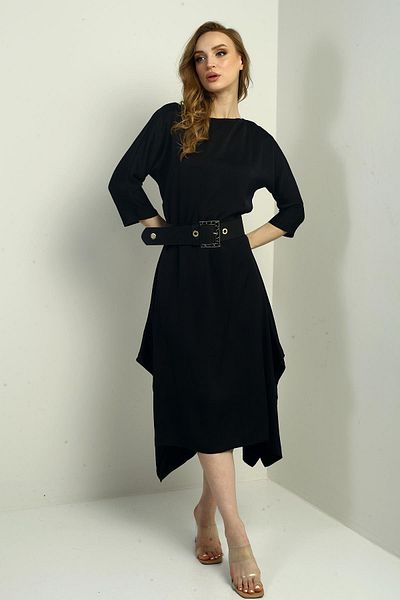 By Saygı Rochie midi din satin creponat asimetric cu mâneci sferturi pentru femei