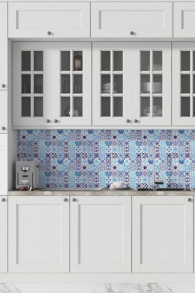 Pluswall Kitchen Countertop Foil, Tile Covering Foil, Mediterranean Style Blue Tile Pattern |   60X120Cm