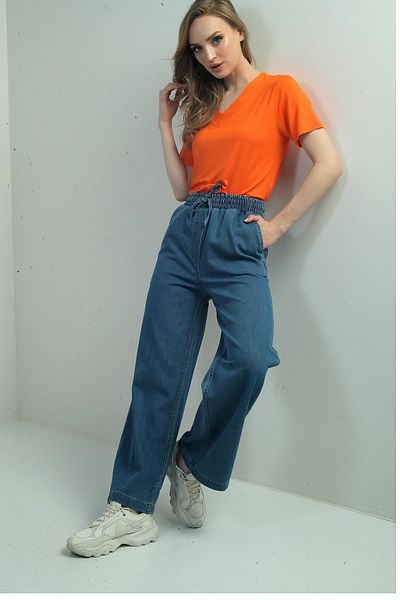 By Saygı Pantaloni de damă din denim Palazzo cu buzunare laterale cu talie elastică