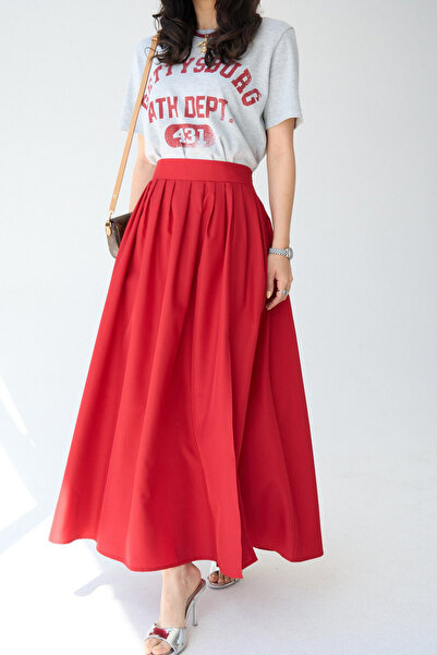 LOOSH Kadın Kırmızı Yüksek Bel Yırtmaçlı Uzun Etek